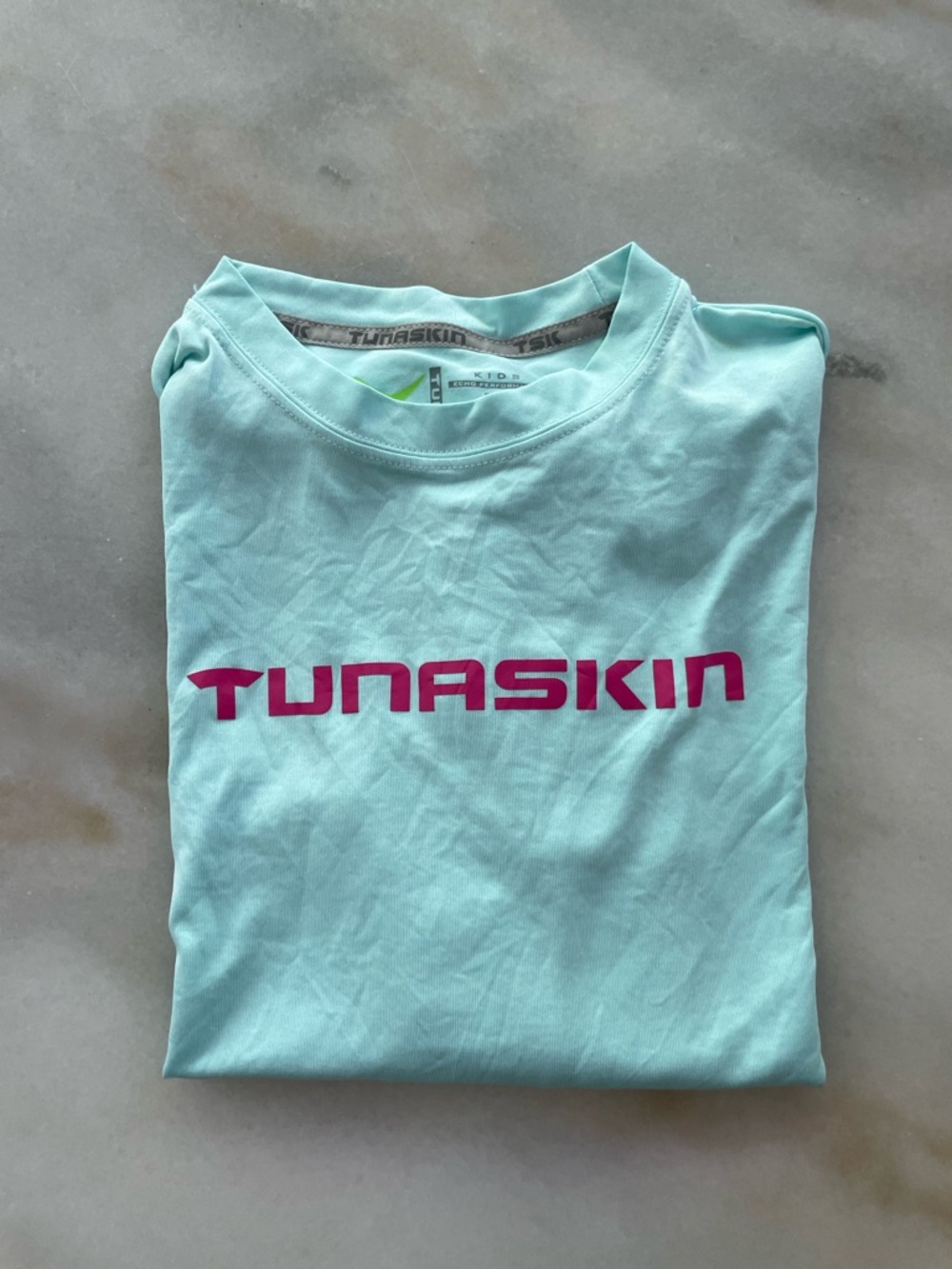 Tunaskin Logo Tee in Mint with Pink Text kids L